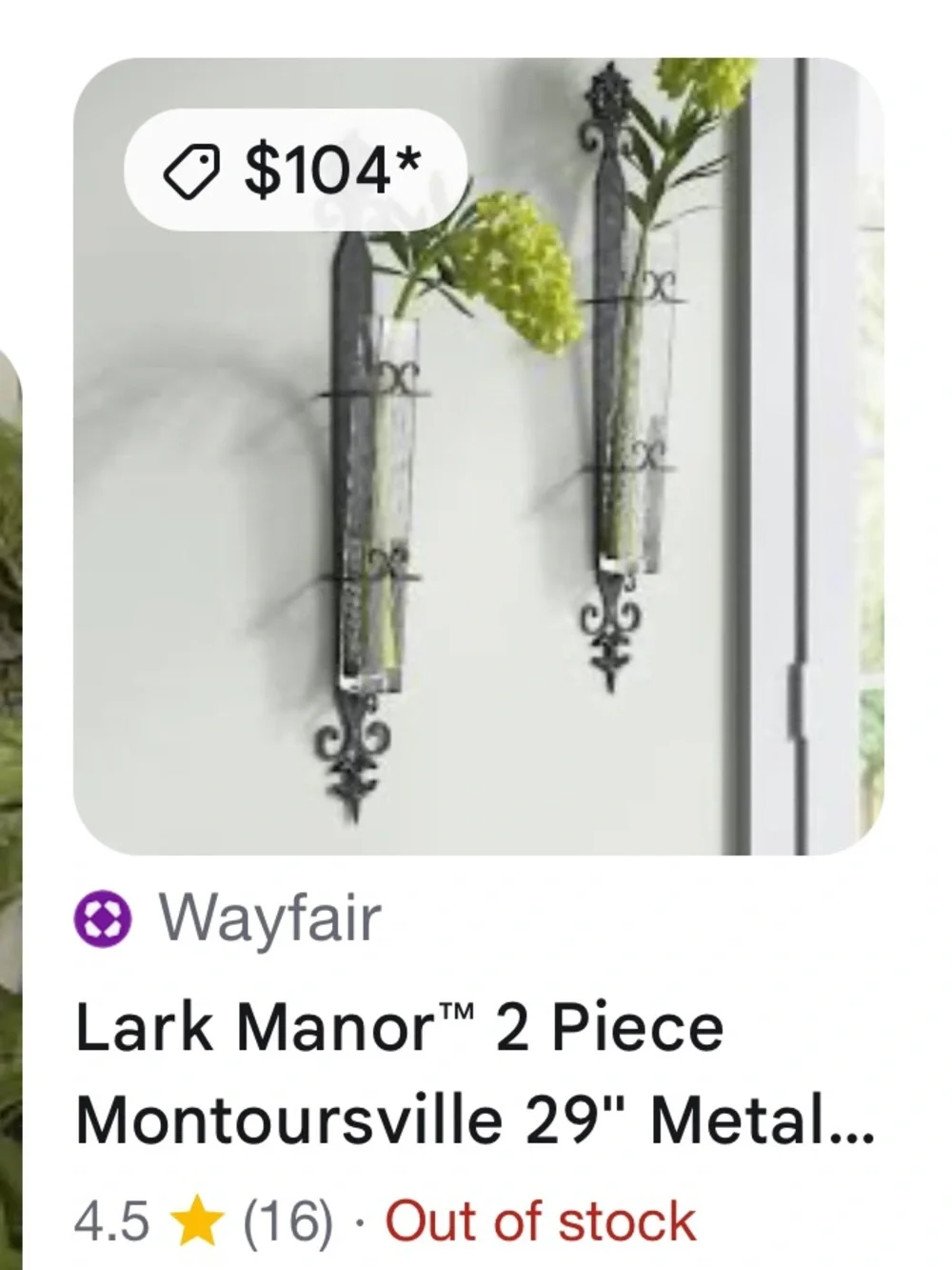 Lark Manor 2-PC Montoursville Metal  Wall Sconces W/Ribbed Glass Vases 29”